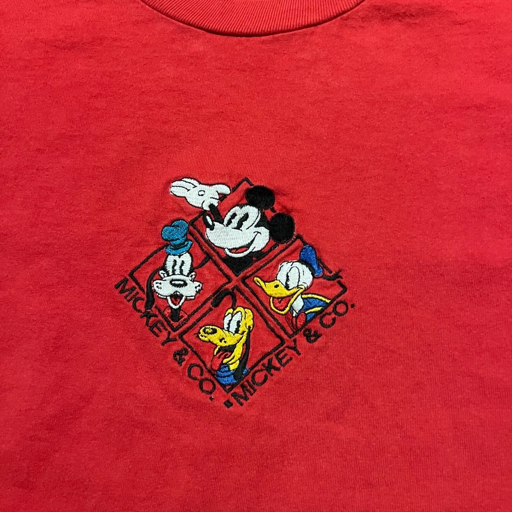 VTG 90s Mickey And Co Embroidered Mickey Mouse Red Tee Size Large Single Stitch - Picture 3 of 8